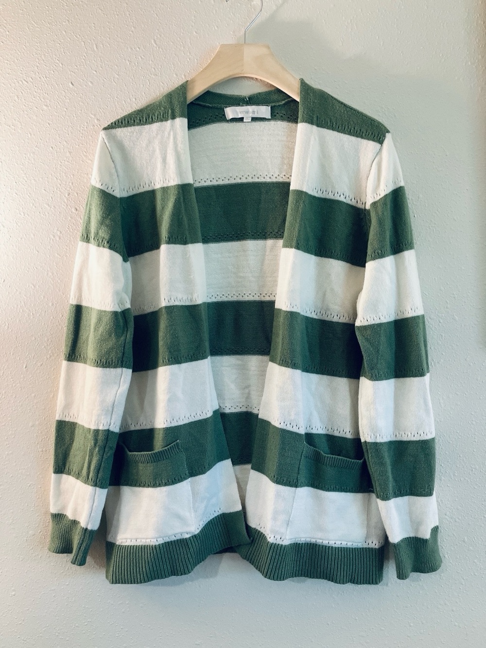 Verve-Ami Green White Striped Colorblock Open Front Cardigan Sweater Duster - Picture 2 of 8